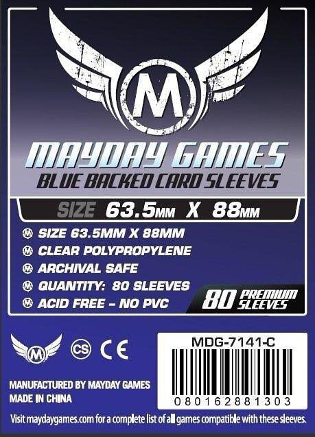 Blue matte card sleeve 63.5x88mm Mayday Games Blue Backed Card Sleeves GALA Board Games Blue matte card sleeve 63.5x88mm Mayday Games Blue Backed Card Sleeves GALA Board Games