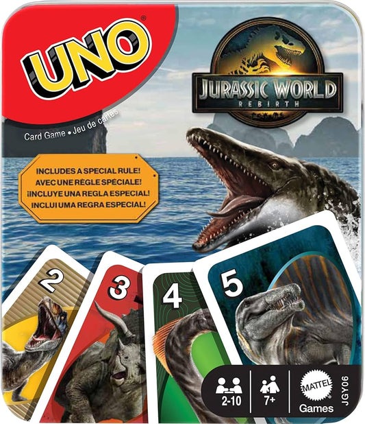 UNO Jurassic World Rebirth in a Collectible Tin